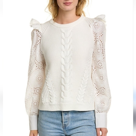 Fate Sweaters - Fate Dnu Eyelet Sweater in White 100% Cotton Ruffled Shoulder Button Cuff
